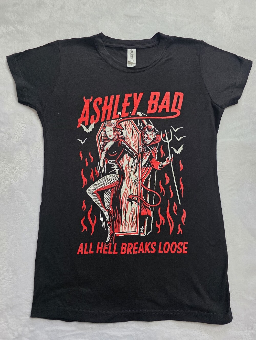 Ashley Bad All Hell Breaks Loose Graphic Tee Goth Pin Up Devil S
